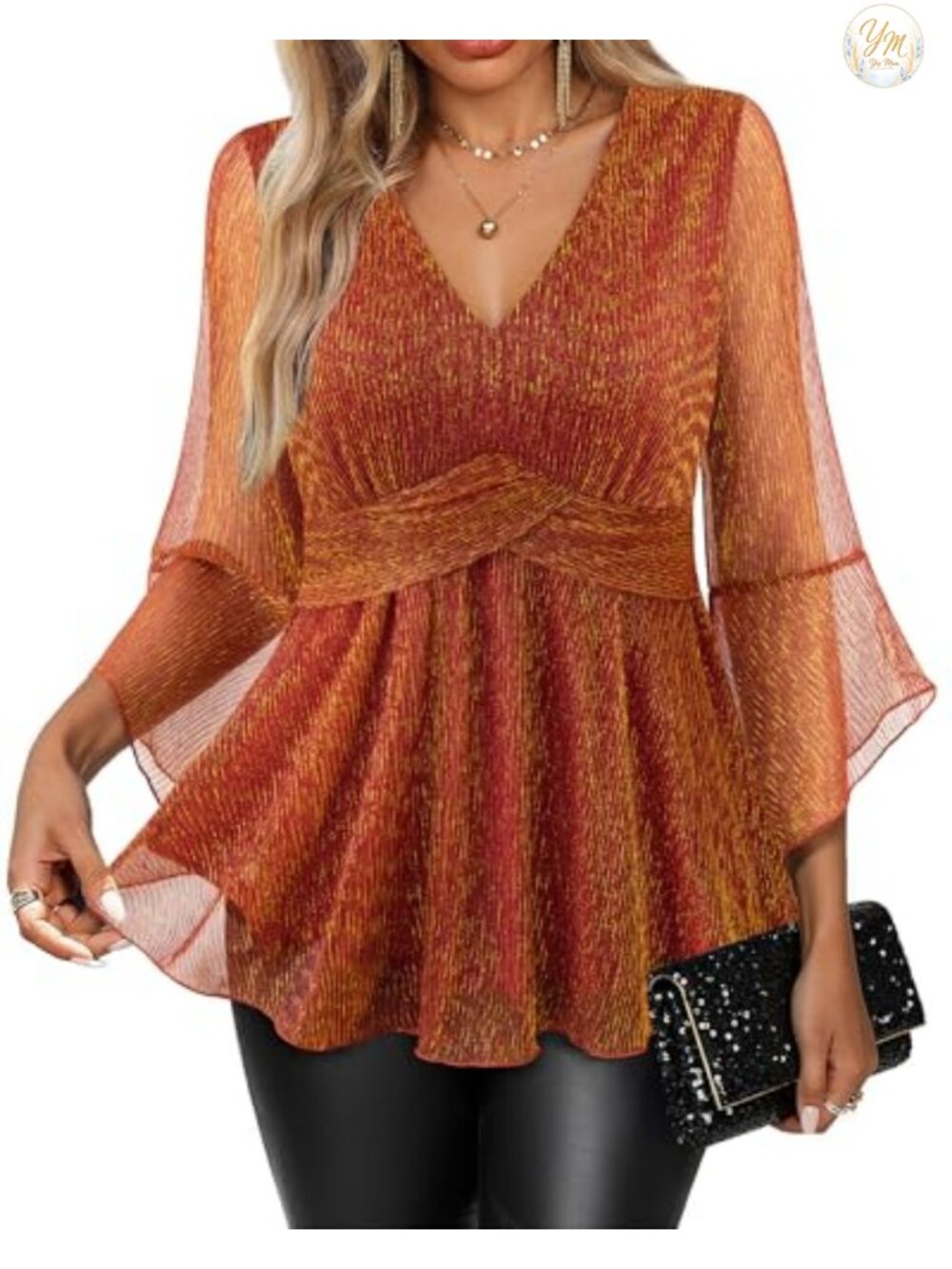 Womens Glitter Sequin Mesh Blouse 3/4 Bell Sleeve V Neck Party Top
